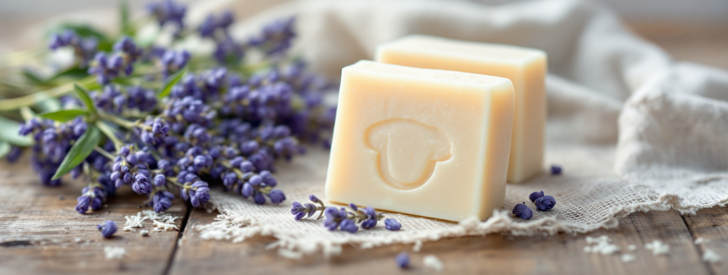 Cremige Schafmilchseifen mit Lavendel auf Holztisch